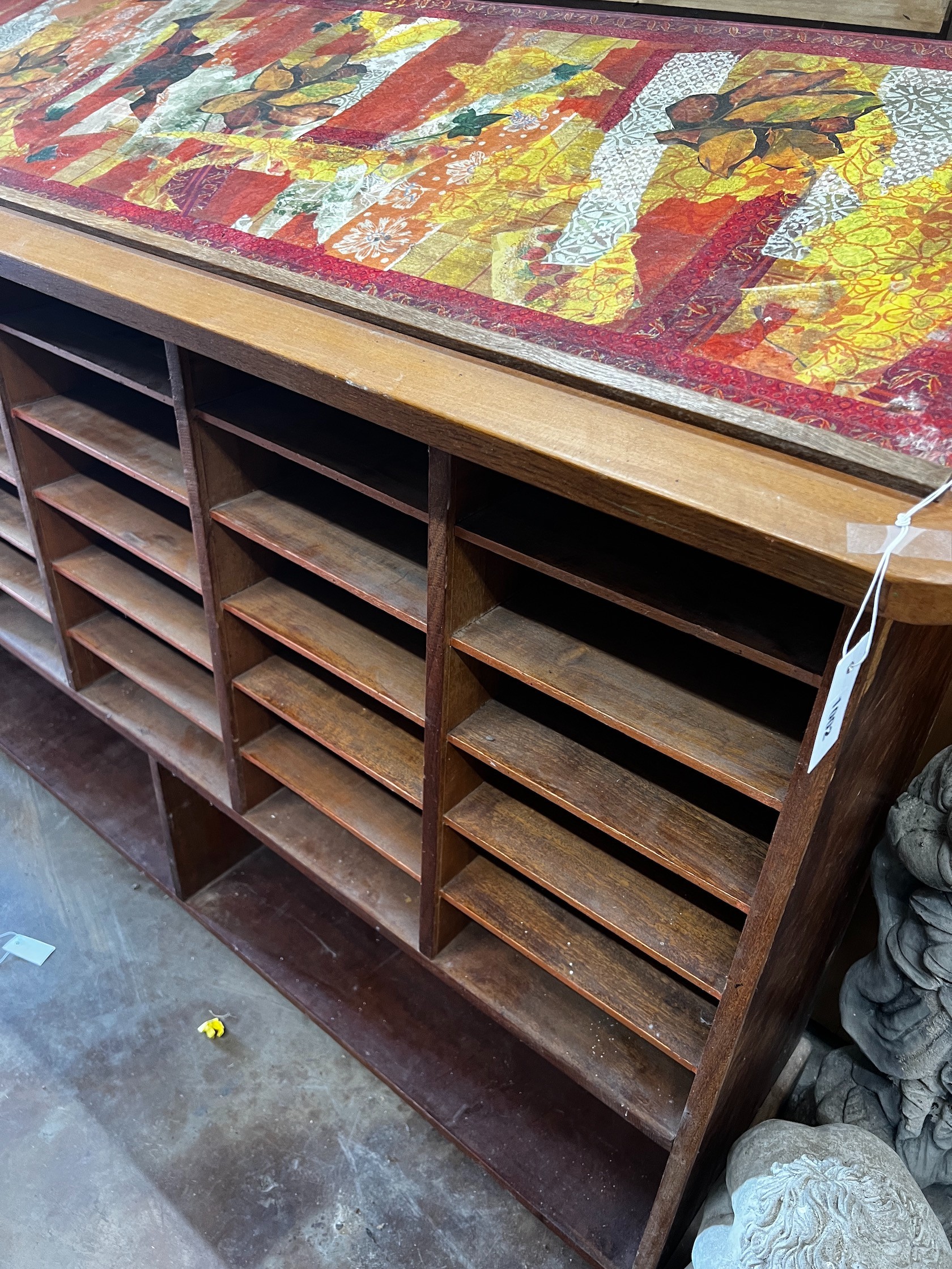 An early 20th French beech postroom pigeonhole cabinet, width 179cm depth 57cm height 130cm